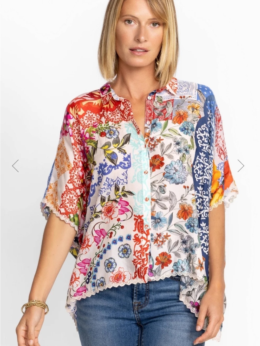 Johnny Was Silk Tango Boho Calliope Floral Patchwork Button-Front Blouse Large